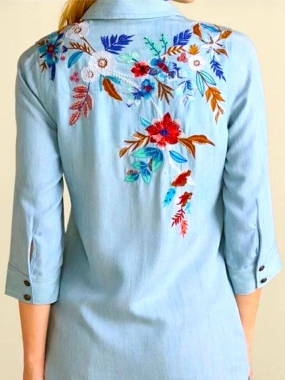 Soft Surroundings Embroidered Tunic Top Chambray Tencel Aveline Size Large